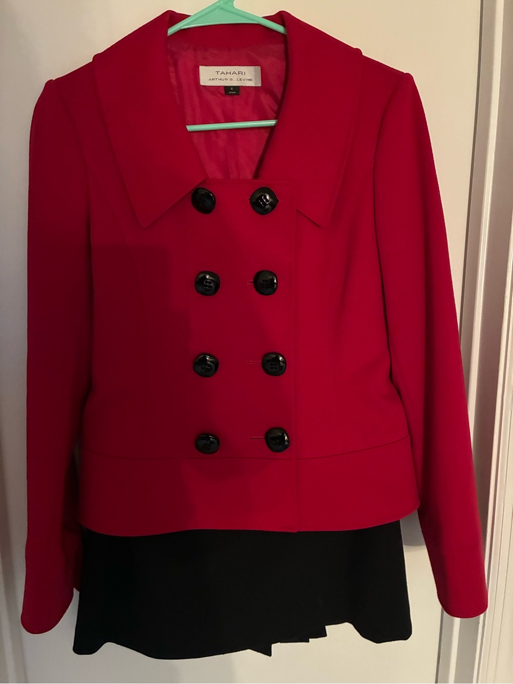 Tahari Red Double-Breasted Blazer with Black bold buttons skirt suit.